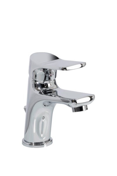 FACKELMANN MILANO Gäste WC Set 5 Teile / Waschbecken / Waschbeckenunterschrank / Waschbeckenbeleuchtung / Armatur / LED-Spiegel / Badmöbel Set / Korpus: Braun hell / Front: Weiß / Breite: 55 cm