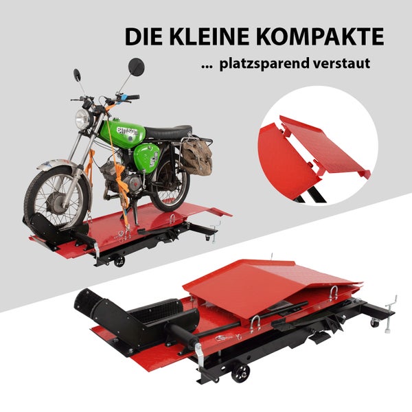 Motorrad auf Motorradhebebühne zur platzsparenden Aufbewahrung