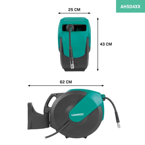VONROC PRO Automatischer Druckluft-Schlauchtrommel – Inkl. 30m Druckluftschlauch, 1m Zuleitungsschlauch und Wandhalterungs-Set – 17 bar/250 PSI - Universelle EURO/DIN 7,2mm Kupplungen