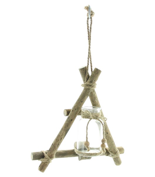 FRANK FLECHTWAREN | Hängevase Rustikal, HOLZ, JUTE, 28 x 28 cm, Glas 5 x 12 cm