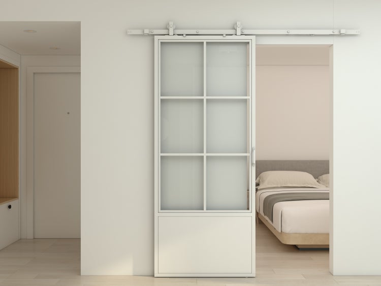 Loft Glasschiebetür 900x2150mm 6 Felder Kickplatte Stahl Komplettset in Weiß inkl. 2 Seitiger Softclose