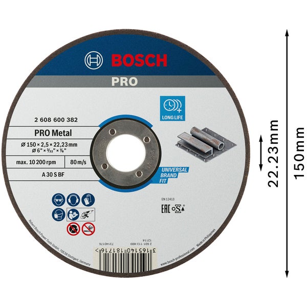 Bosch Logo. Trennscheibe mit den Maßen 150 x 2,5 x 22,23 Millimeter. Geeignet für Metall.