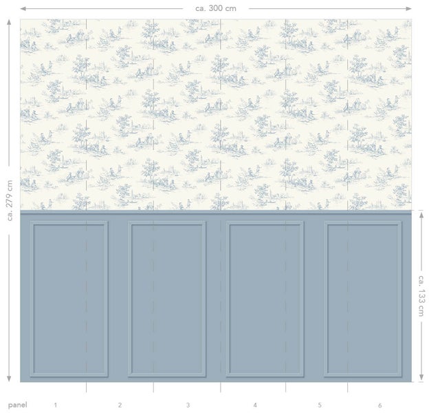 Wandbild mit nostalgischem Toile de Jouy Motiv und unterem Paneel Design in Kassettenoptik mit Maßangaben cirka 300 mal 279 Zentimeter
