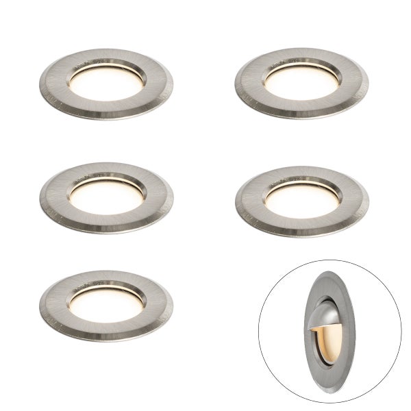 6er-Set runde LED Bodeneinbauleuchten aus gebürstetem Edelstahl mit warmweißem Licht.