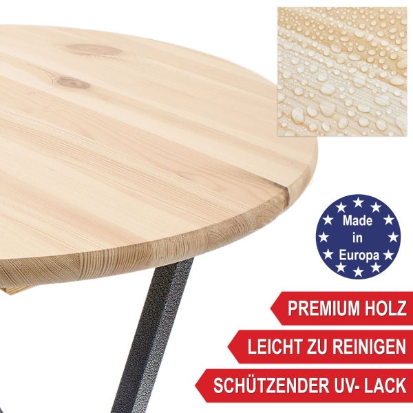 Runde Tischplatte aus Premium-Holz mit UV-Schutzlack und wasserabweisender Oberfläche, leicht zu reinigen, hergestellt in Europa.