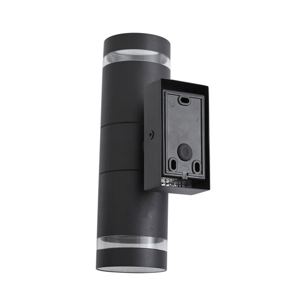 Rückansicht einer zylindrischen Außenwandleuchte in Schwarz mit Montagehalterung.