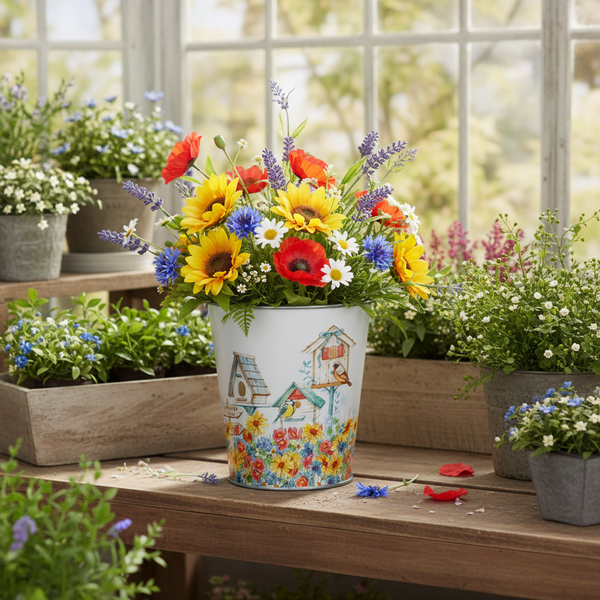 Bunter Strauß aus künstlichen Sonnenblumen, Mohn und Kornblumen in einem Metalleimer mit Vogelhausmotiv auf einer Holzbank im hellen Gartenhaus.