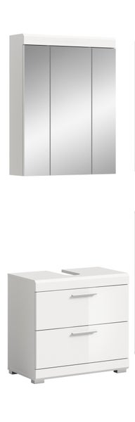 Badezimmermöbel-Set bestehend aus einem dreitürigen Spiegelschrank und einem Waschtischunterschrank mit zwei Schubladen.
