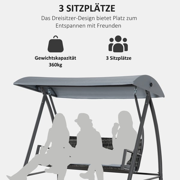 Outsunny Hollywoodschaukel, 3-Sitzer, mit Dach, 198 x 124 x 179 cm, Polyrattan+Metall, Grau