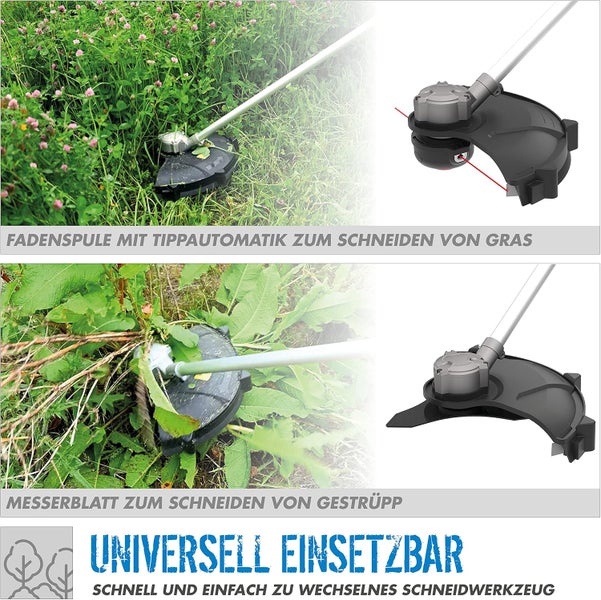 Rasentrimmer mit austauschbarem Schneidwerkzeug: Fadenspule mit Tippautomatik für Gras und Messerblatt für Gestrüpp.