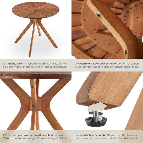 Runder Gartentisch aus massivem Akazienholz mit geölter Oberfläche, X-förmigem Gestell und höhenverstellbaren Schraubfüßen.