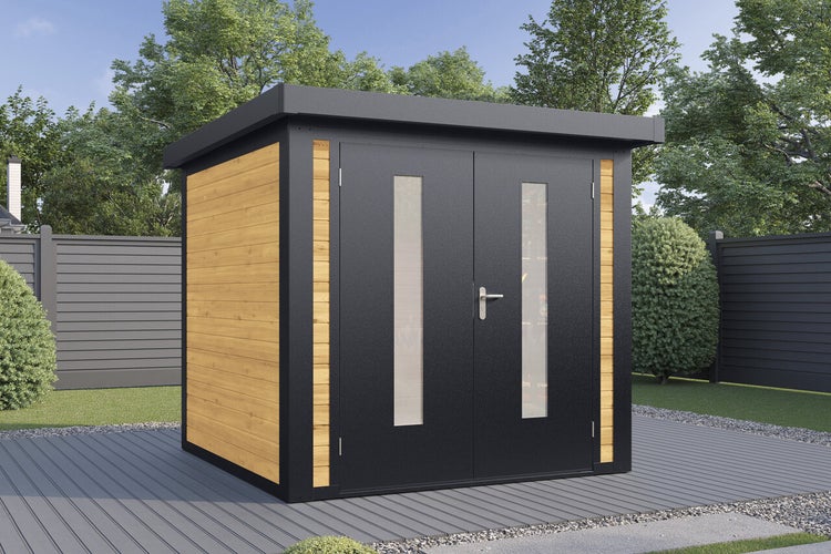 Modernes Gartenhaus mit Doppeltür, Flachdach und Holzwandelementen im Garten auf einer Terrasse.