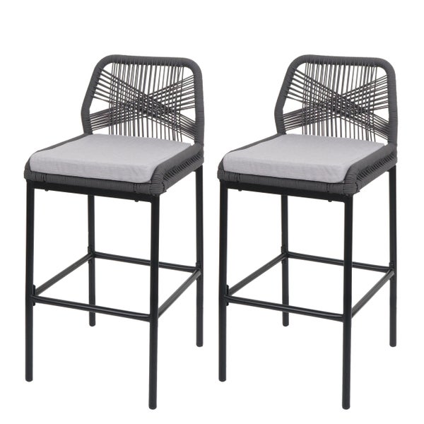 Zwei Barstühle mit grauem Seilgeflecht und schwarzen Metallbeinen