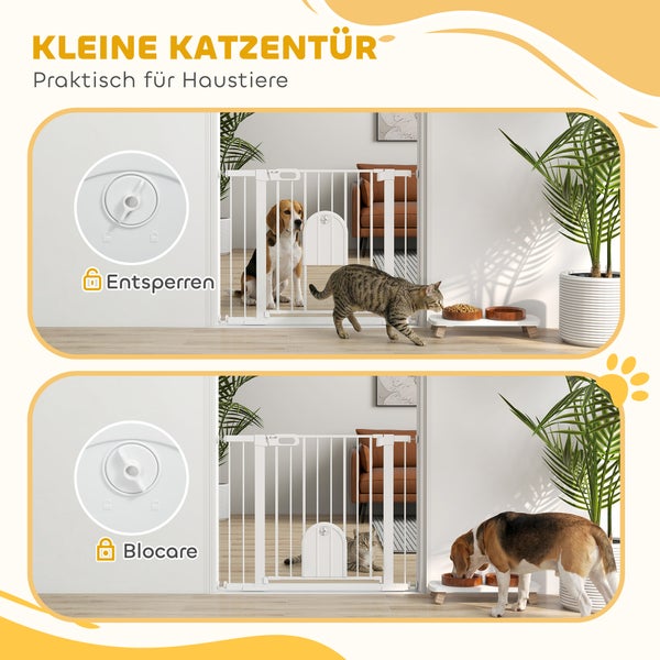 Weißes Absperrgitter für Hunde mit integrierter kleiner Katzentür. Darstellung der Verriegelung und Nutzung durch Hund und Katze in einem Wohnraum.