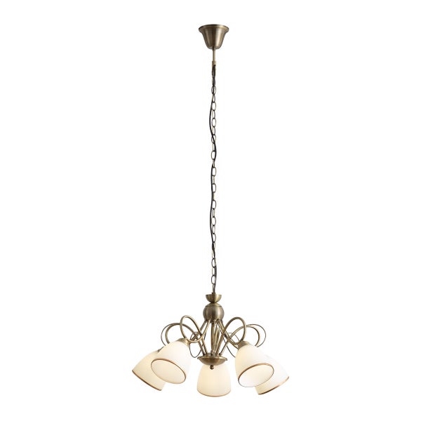 Fünfflammige Pendelleuchte mit Metallgestell und Glasschirmen in klassischem Design