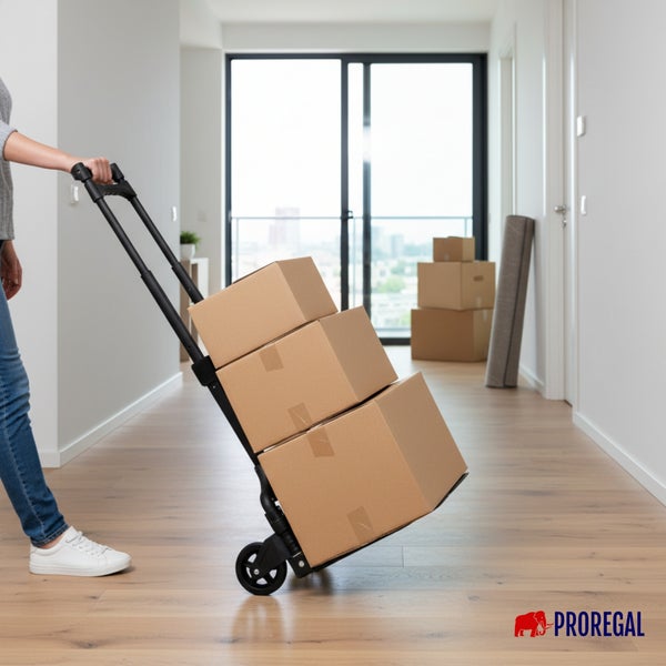 Person transportiert Kartons mit einer Sackkarre in einem hellen, modernen Flur mit Holzboden. Proregal Logo.