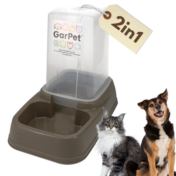 GarPet 2 in 1 Futterspender und Wasserspender aus Kunststoff für Hunde und Katzen mit GarPet Logo.