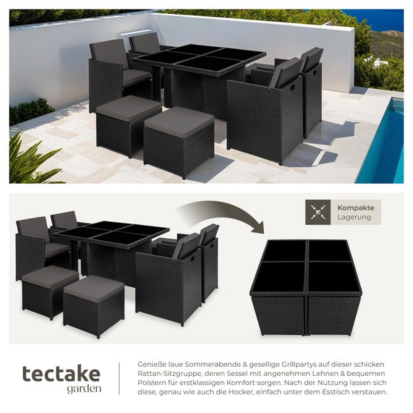 Rattan Sitzgruppe tectake Manhattan 2 Bezugssets, zusammenschiebbar, inklusive Schutzhülle mit Aluminiumgestell schwarz