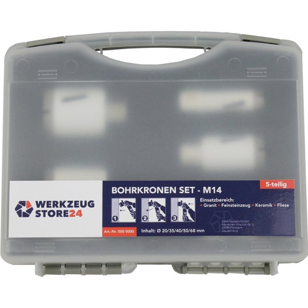 Fünf Diamantbohrkronen in verschiedenen Größen im Werkzeugkoffer