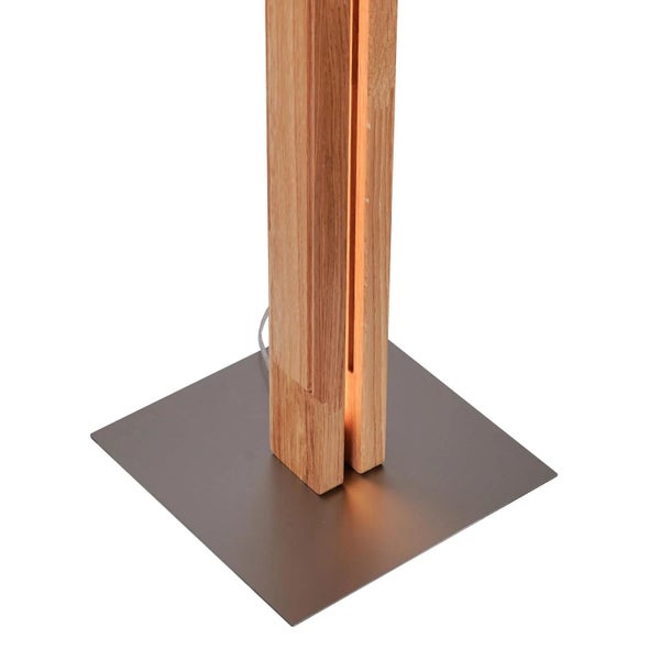 Stehleuchte aus Holz mit metallischem Standfuß und integrierter Beleuchtung