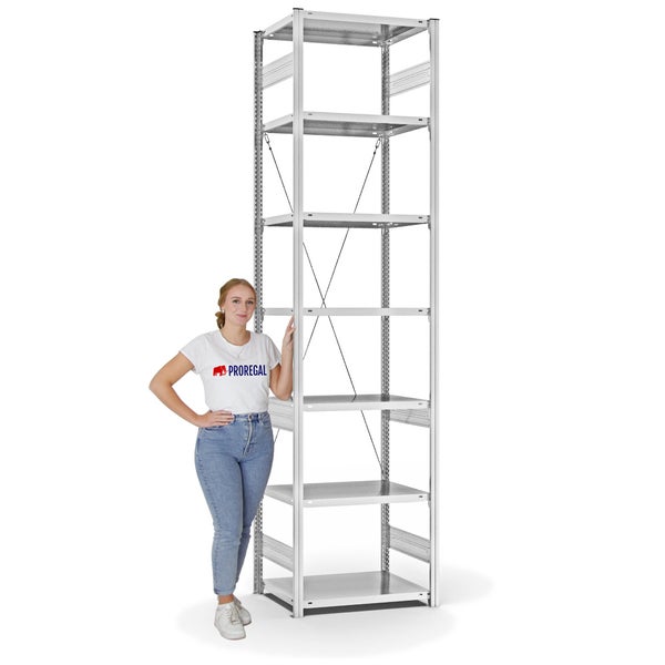 PROREGAL Fachbodenregal Stecksystem T-Profil Medium-Duty Grundregal HxBxT 300 x 75 x 50 cm 7 Ebenen Fachlast 230 kg Einseitig Nutzbar Lichtgrau