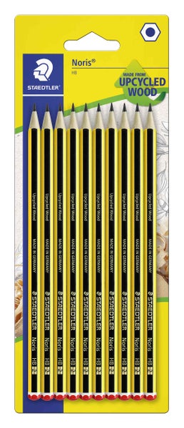 Zehn Staedtler Noris Bleistifte mit Härtegrad HB, hergestellt aus Upcycling-Holz, Staedtler Logo.