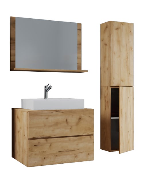 Badezimmermöbel-Set in Eichenoptik mit Waschtischunterschrank, Aufsatzwaschbecken, Armatur, Spiegel mit Ablage und hohem Seitenschrank.