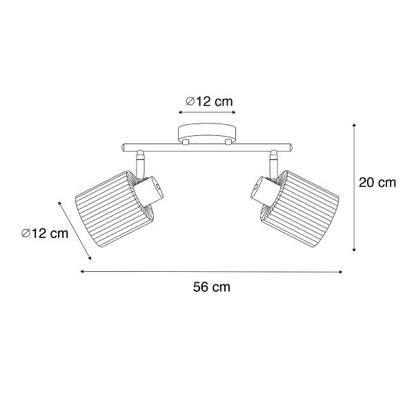Abbildung mit Maßen einer Deckenleuchte mit zwei Strahlern. Die Leuchte ist 56 cm breit und 20 cm hoch. Die Strahler haben einen Durchmesser von 12 cm