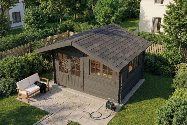 Garten Szene mit Gartenhaus, Gartenschlauch und Sitzbank