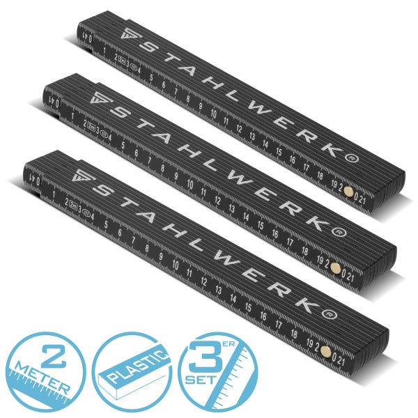 Stahlwerk Zollstock 3er Set aus Kunststoff, 2 Meter Länge, schwarz.