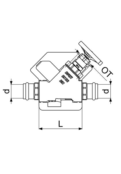 Maßzeichnung eines Freistromventils mit Handrad, Darstellung der Maße für Durchmesser, Länge und Oberteil.