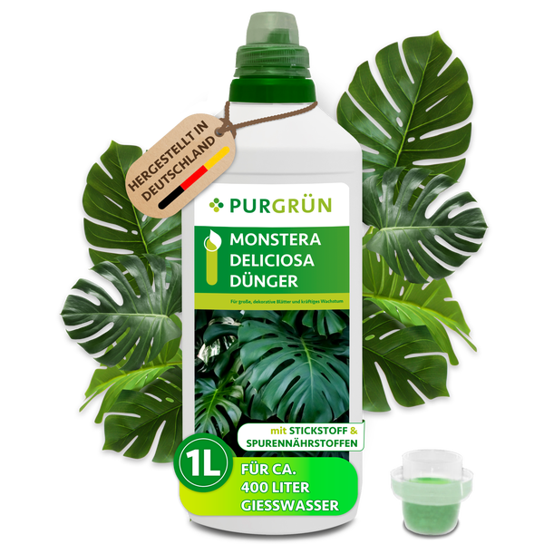 Purgrün Logo. Monstera Deliciosa Dünger, 1 Liter, mit Stickstoff und Spurennährstoffen, hergestellt in Deutschland, für circa 400 Liter Gießwasser.