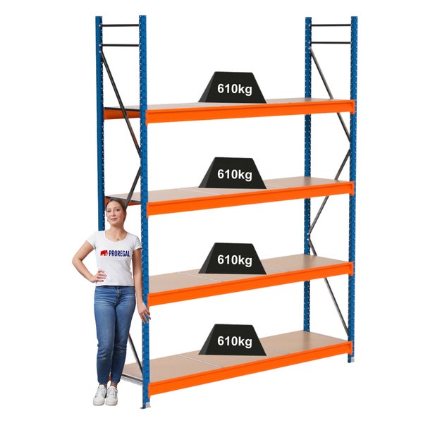 Regal mit vier Ebenen, Belastbarkeit 610 Kilogramm pro Ebene und Proregal Logo