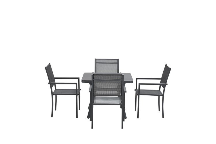 Gartenmöbel-Set bestehend aus einem quadratischen Tisch und vier Stapelstühlen aus Metall und Textilgewebe in Anthrazit.