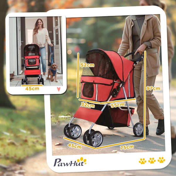 PawHut Hundewagen, 75L x 45B x 97H cm, 600D Oxford, Nylon-Netzgitter, Rot
