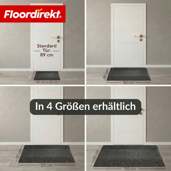 Floordirekt Logo. Fußmatte in vier Größen vor einer 89 Zentimeter Tür: 40 mal 60, 60 mal 90, 70 mal 120 und 90 mal 150 Zentimeter.