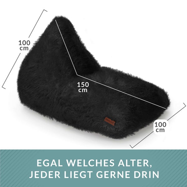 Green Bean Sitzsack Felloptik Indoor 150x100x100cm mit 220 Liter EPS-Perlen Füllung - Kuschelig Weich Waschbar - Drinnen Stoff Bodenkissen Liegekissen Sitzkissen Schwarz