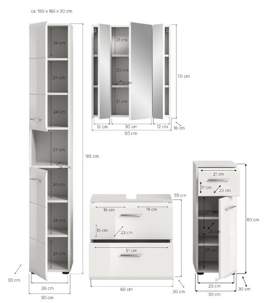 Badezimmermöbel-Set circa 150 mal 185 mal 30 Zentimeter mit Hochschrank, Spiegelschrank, Waschbeckenunterschrank und Beistellschrank.