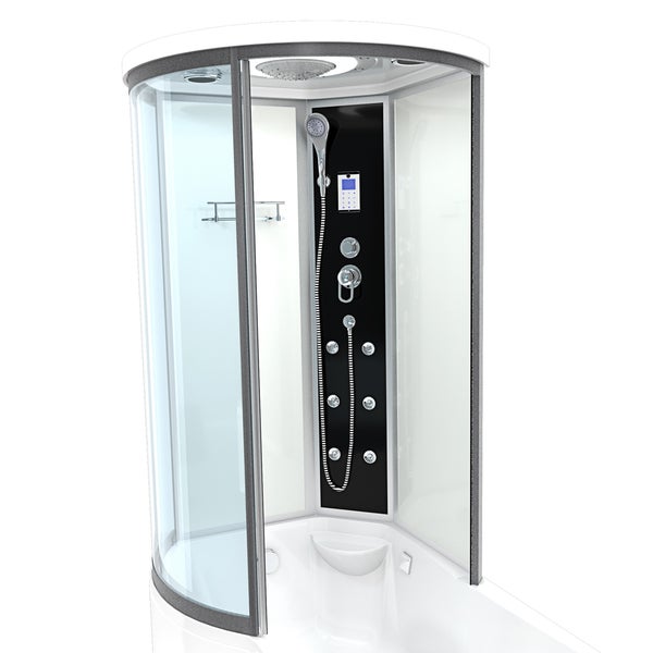 Technische Zeichnung mit Installationsmaßen für eine Badewanne mit Elektro- und Wasseranschlüssen in einer Badezimmerecke.