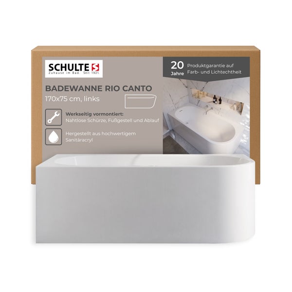 Schulte Rio Canto Badewanne, 170x75 cm, linke Ausführung, werkseitig vormontiert, aus Sanitäracryl