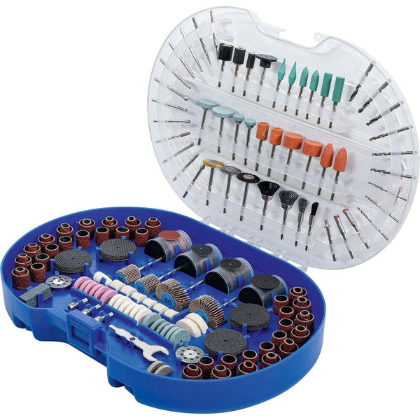 Mehrteiliges Zubehörset für Multifunktionswerkzeuge in geöffnetem, blauem und transparentem Kunststoffkoffer