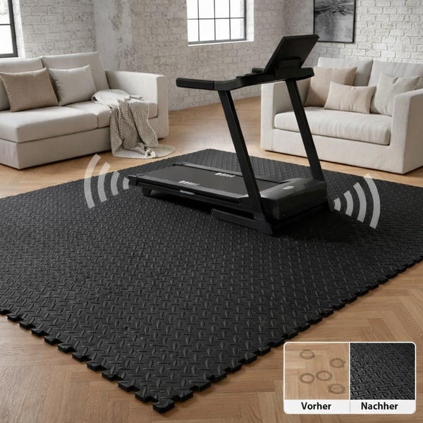 Bodenschutzmatte unter einem Laufband in einem Wohnzimmer zur Schalldämmung und zum Schutz des Holzbodens mit Vorher Nachher Vergleich