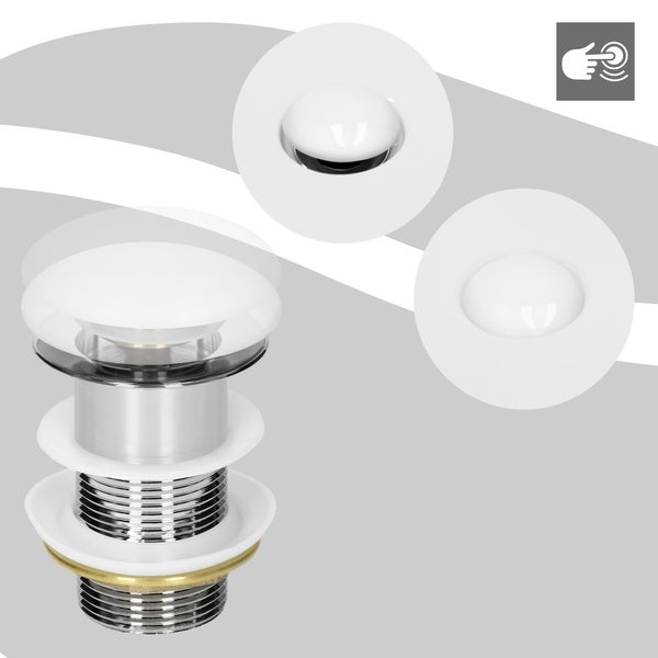 ML-Design Universal Ablaufgarnitur für Waschbecken & Waschtisch ohne Überlauf, Keramikdeckel Weiß-Edelstahl, 1 1/4 Zoll Pop Up Ventil, Ablaufventil Abflussgarnitur Waschbeckenstöpsel mit Dichtungen