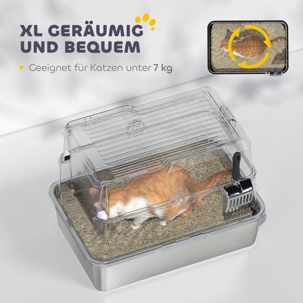 Katzenklo mit transparenter Abdeckung und Katze