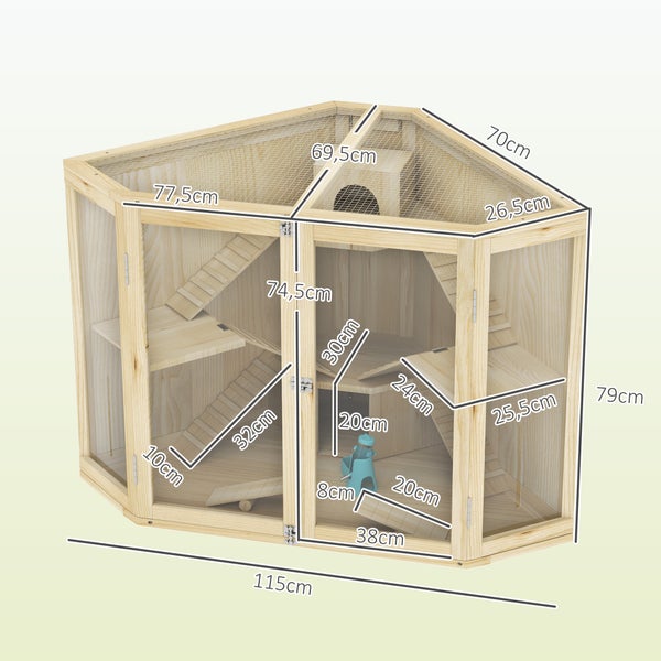 PawHut Hamsterkäfig aus Holz, Nagerkäfig mit 4 Ebenen, Hütten, Wippe, Kleintierstall mit Fütterungsstation, Rampe, Kleintierkäfig Mäusekäfig für Zwerg- und Syrische Hamster, 115 x 69,5 x 79 cm
