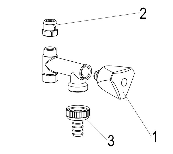 Explosionszeichnung einer Armatur mit nummerierten Einzelteilen wie Griff, Überwurfmutter und Schlauchanschluss.