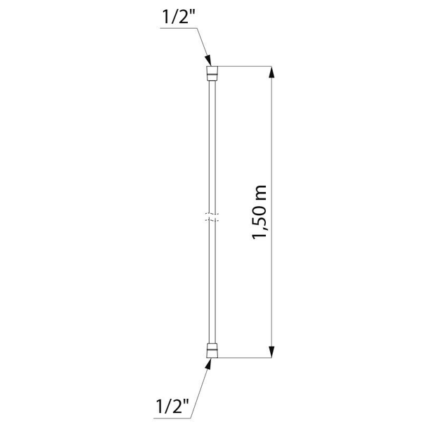 Maßzeichnung eines Brauseschlauchs mit einer Länge von 1,50 Meter und Anschlüssen in der Größe ein halb Zoll.