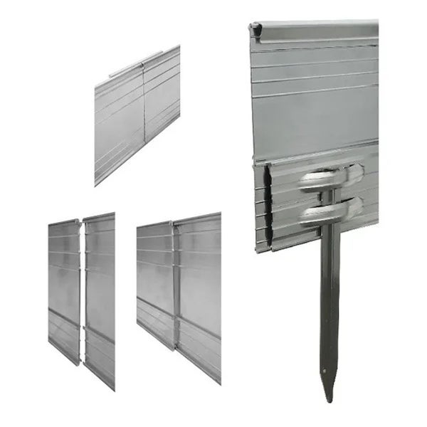 Mehrere Ansichten einer Aluminium Rasenkante mit Erdspieß.