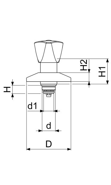 Technische Maßzeichnung für ein Ventiloberteil mit Kennzeichnung der Abmessungen H, H1, H2, d, d1 und D.