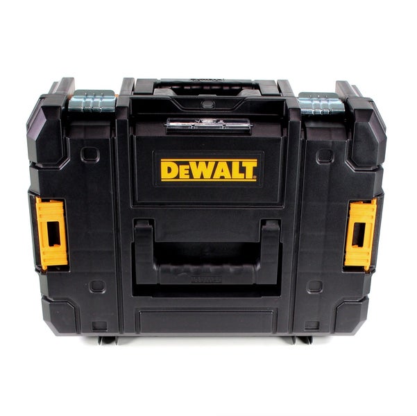 DeWALT TSTAK Werkzeugkoffer aus Kunststoff mit Metallschließen und seitlichen Clips zum Stapeln.